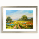 Framed wall art showcasing a serene landscape design with lush green fields and a silver mat, enhancing modern home décor aesthetics. Ideal for creating a calming atmosphere.