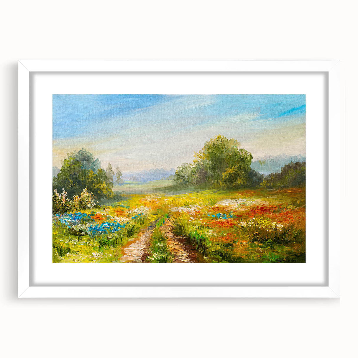 Framed wall art collection showcasing vibrant landscape fields with a white mat, perfect for home decor, enhancing any living space with nature-inspired aesthetics.