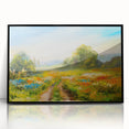 Framed wall art featuring a vibrant landscape design with fields in rich green and gold hues, set in a sleek black frame, perfect for home decor enhancement.