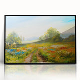 Framed wall art featuring a vibrant landscape design with fields in rich green and gold hues, set in a sleek black frame, perfect for home decor enhancement.