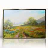 Framed acrylic wall art featuring a vibrant landscape design with fields and golden accents, perfect for enhancing modern home decor.