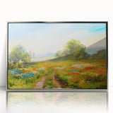 Framed acrylic wall art featuring a vibrant landscape design with lush green fields and a clear blue sky, showcasing a modern aesthetic for home decor.