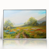 Framed acrylic wall art showcasing a vibrant landscape design with lush green fields, perfect for home decor. The white frame enhances its modern aesthetic.