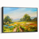 Framed canvas wall art showcasing a vibrant landscape field design in rich greens and golds, with a sleek black frame, ideal for modern home decor.