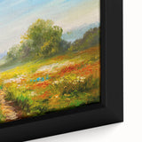 Framed canvas print of a vibrant landscape field design, showcasing rich greens and yellows, perfect for home decor and artistic expression.