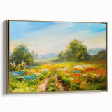 Framed canvas wall art showcasing a vibrant landscape design with golden accents, elegantly displayed in a side view, perfect for modern decor.