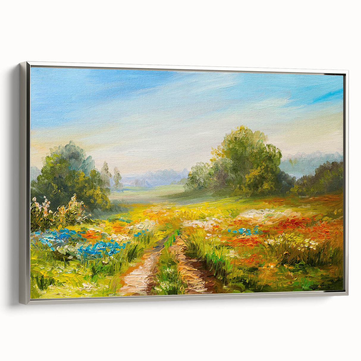 Framed canvas art piece showcasing a serene landscape with vibrant fields and a silver frame, designed to enhance home decor with a touch of elegance. The artwork captures natural beauty, making it an ideal centerpiece for any room.