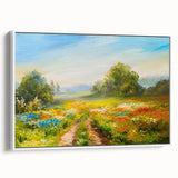Framed canvas wall art showcasing a serene landscape with lush green fields and a blue sky, featuring a white frame, ideal for modern home decor.