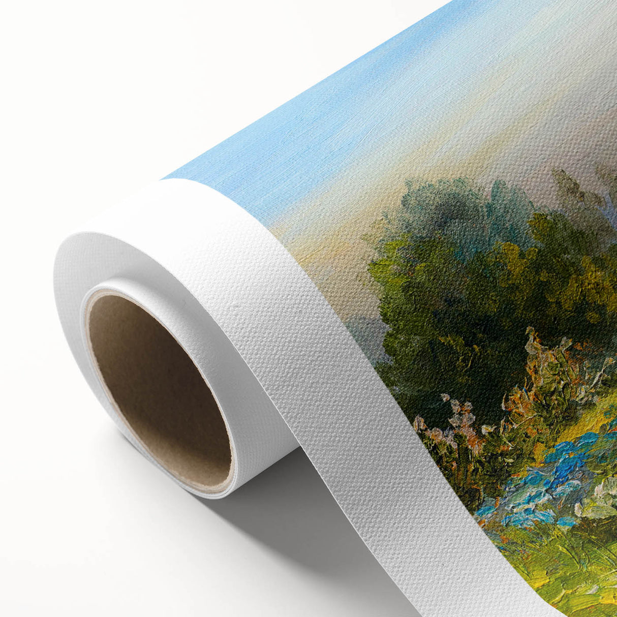 Rolled canvas artwork showcasing a vibrant landscape design with fields and hills, emphasizing rich colors and textures, ideal for home decor or office space.