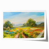 Vibrant rolled print of a serene landscape featuring golden fields under a blue sky, perfect for home decor or office art, enhancing any space with nature's beauty.