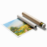 Vibrant rolled print of a serene landscape featuring fields and rolling hills, showcasing rich greens and blues, perfect for home decor or office settings.