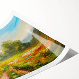 Vibrant landscape wall art print showcasing rolling green fields and a bright blue sky, rolled for shipping in a protective cardboard tube, ideal for home decor.