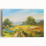Vibrant stretched canvas artwork showcasing a serene landscape with rolling fields and blue skies, ideal for enhancing home decor and creating a calming atmosphere. Perfect for art enthusiasts seeking nature-inspired wall art.
