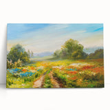 Stretched canvas wall art showcasing vibrant landscape fields design with rich greens and blues, ideal for home decor or office aesthetics, enhancing any space's ambiance.