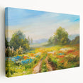 Stretched canvas artwork showcasing a vibrant landscape of rolling green fields with gentle hills under a clear blue sky, designed for home decor.