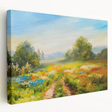 Stretched canvas artwork showcasing a vibrant landscape of rolling green fields with gentle hills under a clear blue sky, designed for home decor.