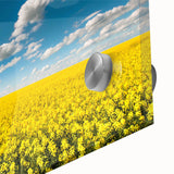 Close-up of a vibrant acrylic glass wall art piece featuring a landscape design of rolling fields and lush greenery, perfect for home decor enhancement.