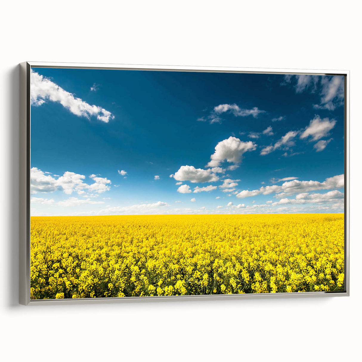 Framed canvas wall art featuring a serene landscape of rolling green fields under a bright blue sky, accented with a silver frame, ideal for home decor.