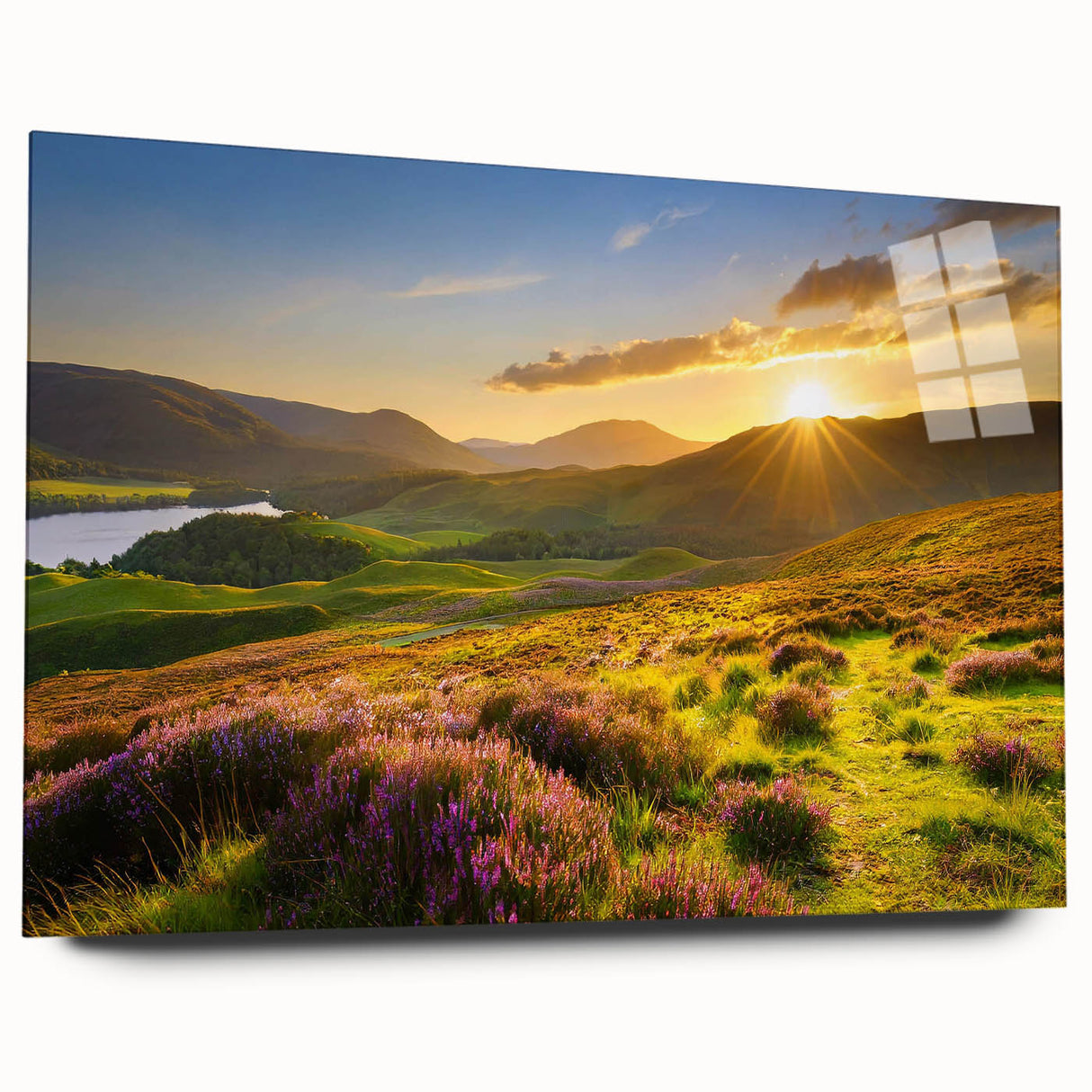 Acrylic wall art collection showcasing a vibrant landscape scene with lush green fields and a serene sky, displayed from a side view without pins, ideal for modern decor.