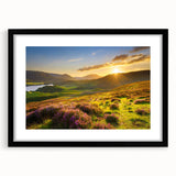 Black-framed wall art featuring a scenic landscape with vibrant green fields and blue skies, designed to enhance home decor and create a calming atmosphere.