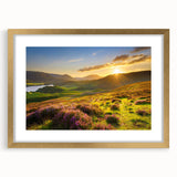 Framed wall art featuring a serene landscape of rolling fields, adorned with a gold mat and sleek frame, perfect for enhancing home decor aesthetics.