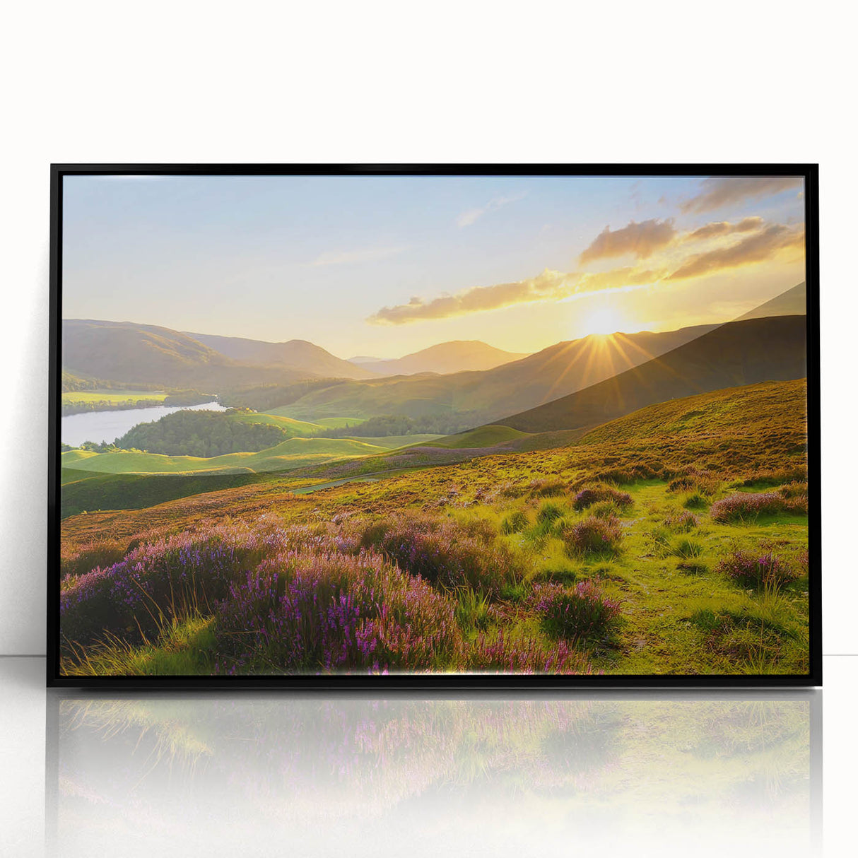 Framed acrylic wall art featuring a vibrant landscape design with fields in rich green and golden hues, presented in a sleek black frame, ideal for modern home decor.