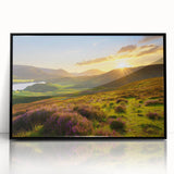 Framed acrylic wall art featuring a vibrant landscape design with fields in rich green and golden hues, presented in a sleek black frame, ideal for modern home decor.