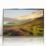 Framed acrylic wall art showcasing a vibrant landscape design with fields, presented in a sleek silver frame, perfect for modern home decor enhancement.