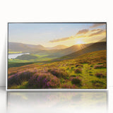 Framed acrylic wall art featuring a vibrant landscape design with lush green fields and a serene blue sky, presented in a sleek white frame for modern decor.