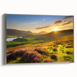Framed canvas wall art showcasing a serene landscape with rolling fields and vibrant colors, accented by a sleek silver frame, perfect for home decor.