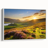 Framed canvas wall art displaying a serene landscape of rolling green fields under a blue sky, perfect for enhancing home decor with a touch of nature.