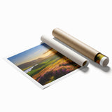 Vibrant rolled print of abstract landscape fields design showcasing rich greens and blues, ideal for home decor or gallery display. Perfectly packaged for safe shipping.