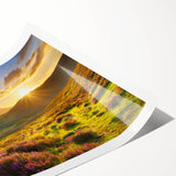 Vibrant landscape wall art print showcasing lush green fields under a clear blue sky, rolled and ready for display in a stylish home decor setting. Perfect for nature lovers seeking to enhance interior spaces with serene outdoor imagery.