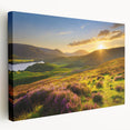 Stretched canvas wall art featuring a vibrant landscape field design, showcasing rolling hills and a colorful sky in a side view. Ideal for modern home decor.