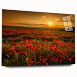 Acrylic glass wall art featuring a vibrant landscape design with lush green fields and a serene sky, displayed in a side view without pins, perfect for home decor.