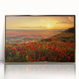 Framed acrylic wall art featuring a serene landscape of golden fields, showcasing vibrant colors and intricate details, perfect for home decor enhancement.