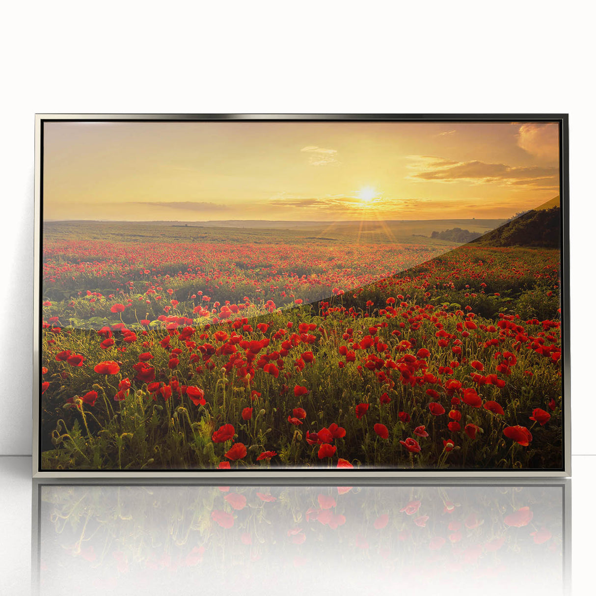 Framed acrylic wall art showcasing a serene landscape of vibrant green fields under a bright blue sky, designed to enhance modern home decor with a touch of nature.