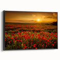 Framed canvas wall art featuring a vibrant landscape design with lush green fields and a bright blue sky, showcased from a black side view for elegant display.