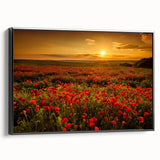 Framed canvas wall art featuring a vibrant landscape design with lush green fields and a bright blue sky, showcased from a black side view for elegant display.