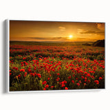 Framed canvas wall art showcasing a serene landscape with vibrant green fields and a soft blue sky, presented in a stylish white frame for modern decor.