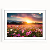 Framed wall art featuring a serene landscape of rolling fields under a blue sky, encased in a white mat and frame, perfect for home decor enhancement.