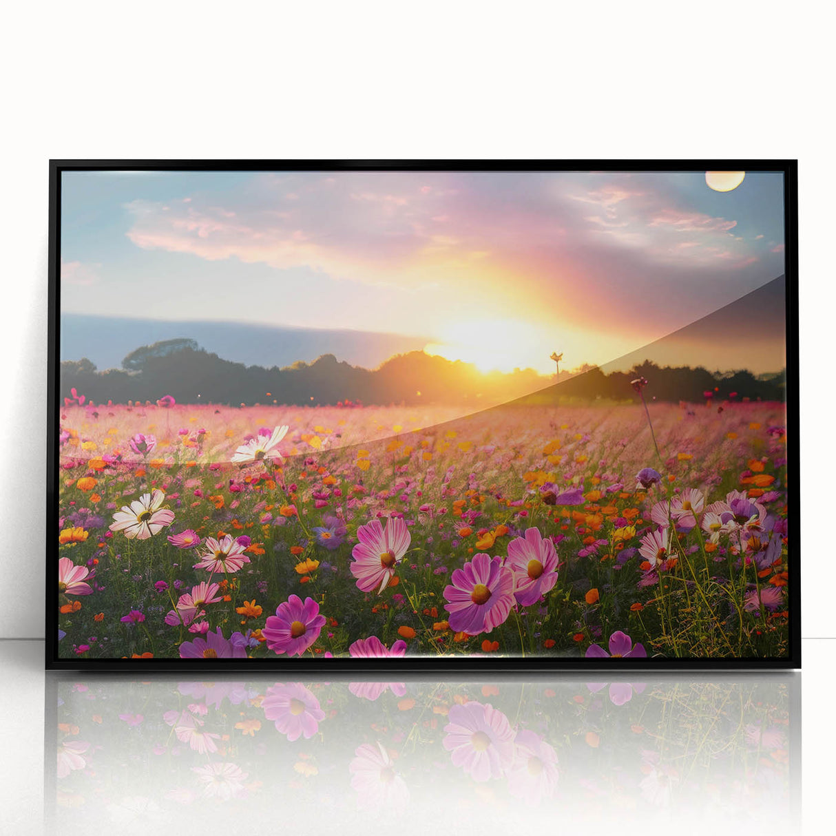 Framed acrylic wall art featuring a vibrant landscape design with fields in rich green and golden hues, displayed in a sleek black frame, ideal for contemporary decor.