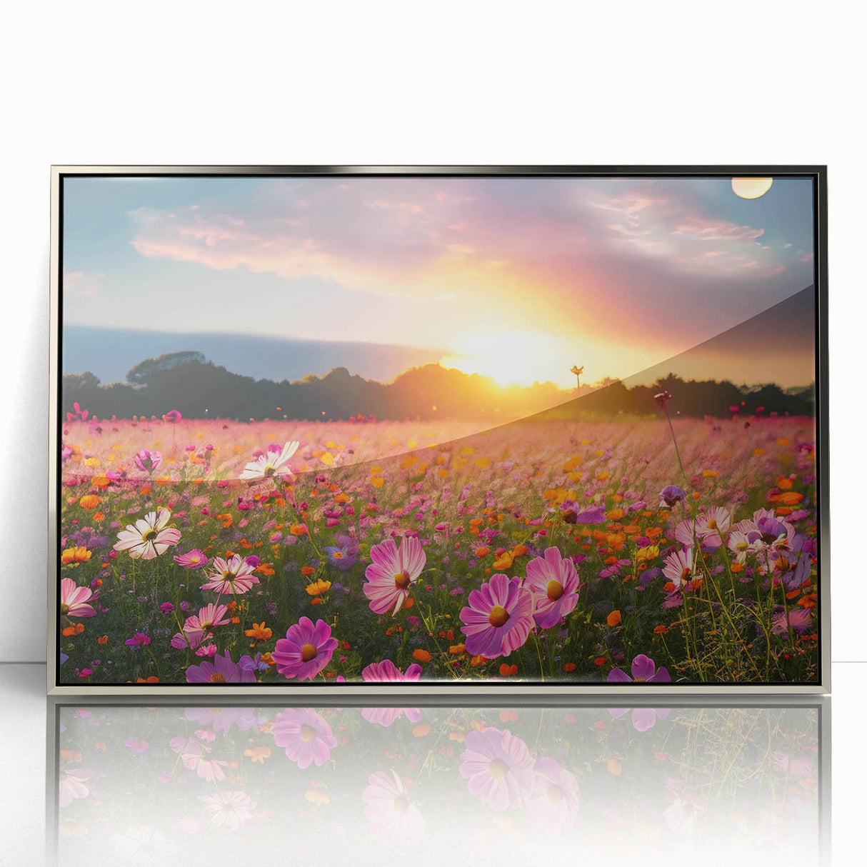 Framed wall art piece showcasing a vibrant landscape with fields under a clear blue sky, featuring a sleek silver frame for a modern touch. Ideal for home decor.