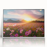 Framed acrylic wall art featuring a vibrant landscape of rolling fields, presented in a sleek white frame, ideal for enhancing modern home decor and adding a touch of nature.