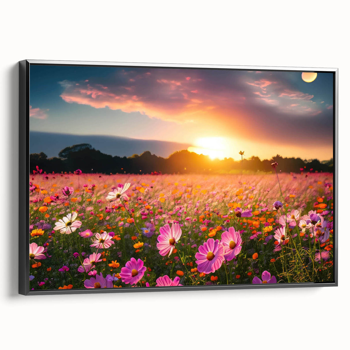Framed canvas wall art showcasing a serene landscape with rolling fields and vibrant greenery, presented in a sleek black frame, ideal for home decor.