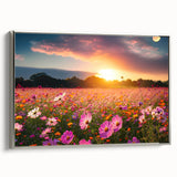 Framed canvas wall art featuring a serene landscape of golden fields under a blue sky, accented by a sleek silver frame, ideal for home decor. Perfect for enhancing living spaces with natural beauty.