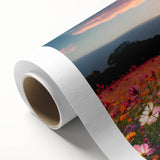 Vibrant rolled canvas showcasing a serene landscape of golden fields under a clear blue sky, ideal for home decor or office ambiance, featuring rich textures and colors.