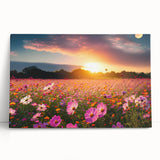 Stretched canvas wall art showcasing a vibrant landscape design with fields and rolling hills, perfect for modern home decor. The piece leans against a light-colored wall, adding a serene touch to the room.