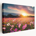 Stretched canvas wall art showcasing a vibrant landscape of rolling fields and a sunset, designed to enhance home decor with its rich colors and serene ambiance.