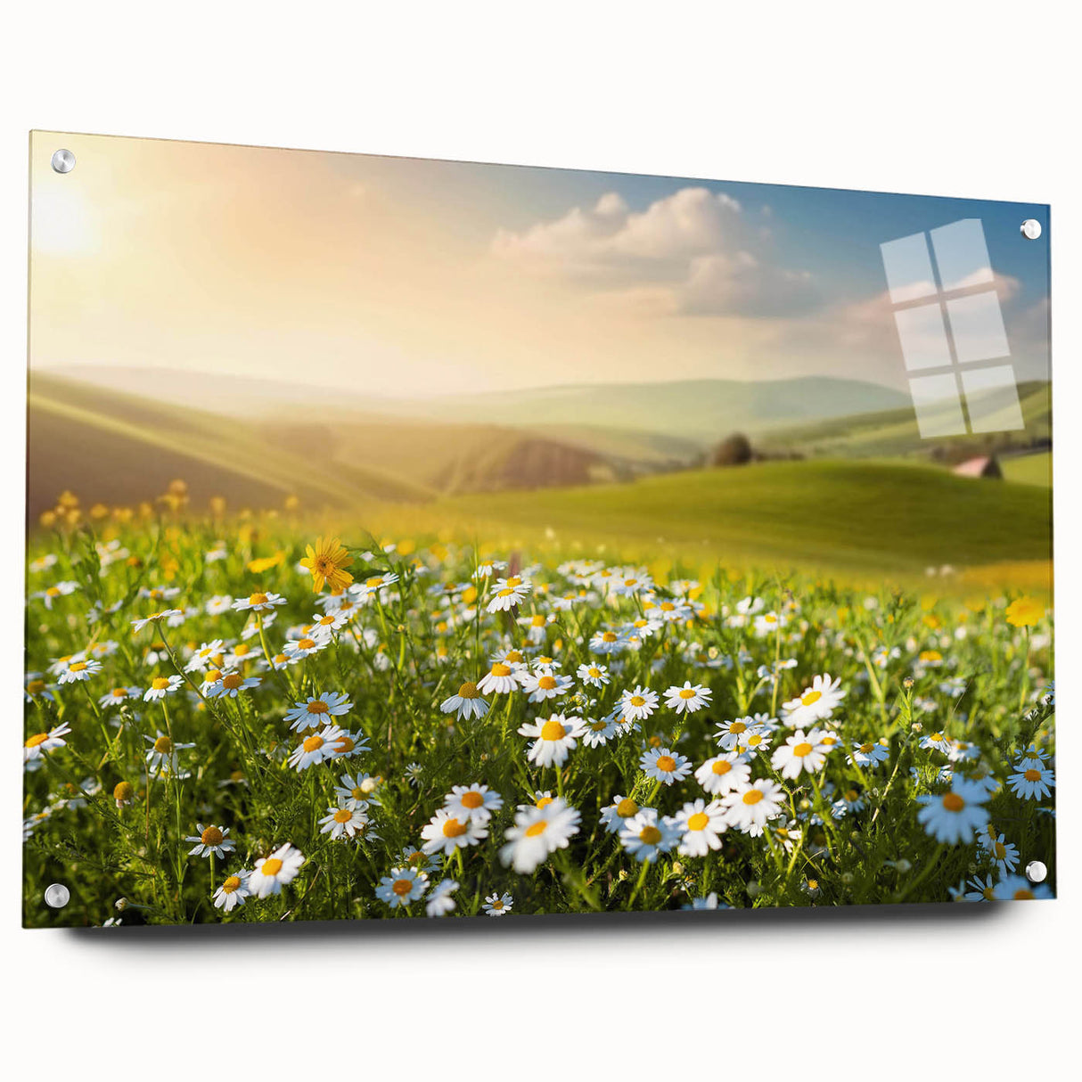 Acrylic wall art design showcasing vibrant landscapes and fields, displayed with pins for easy mounting, perfect for modern home decor.